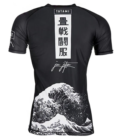Tatami Kanagawa Short Sleeve Rash Guard black for BJJ MMA Muay Thai training with Japanese wave design