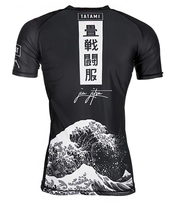 Tatami Kanagawa Short Sleeve Rash Guard black for BJJ MMA Muay Thai training with Japanese wave design
