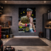 Garage interior with a large poster of a boxer on the wall
