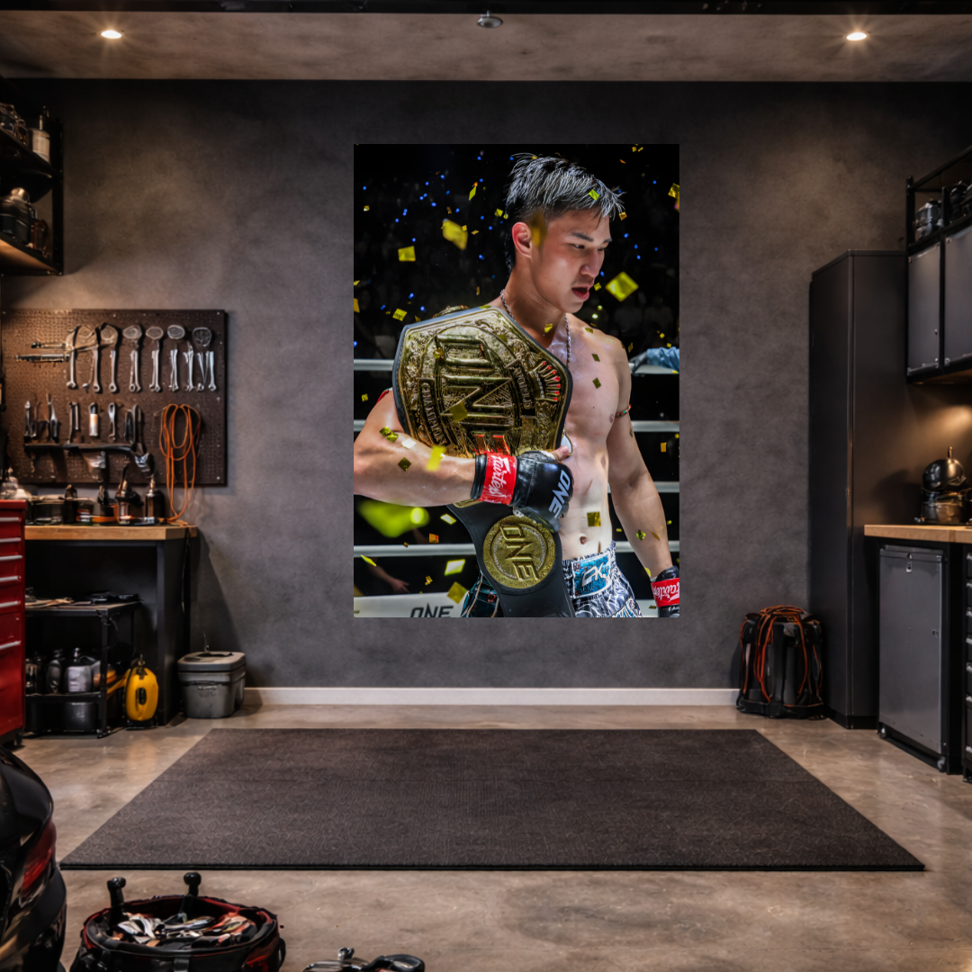 Garage interior with a large poster of a boxer on the wall