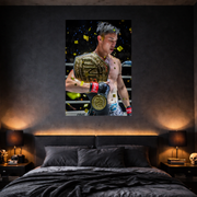 Bedroom with a boxing champion holding a championship belt on the wall.