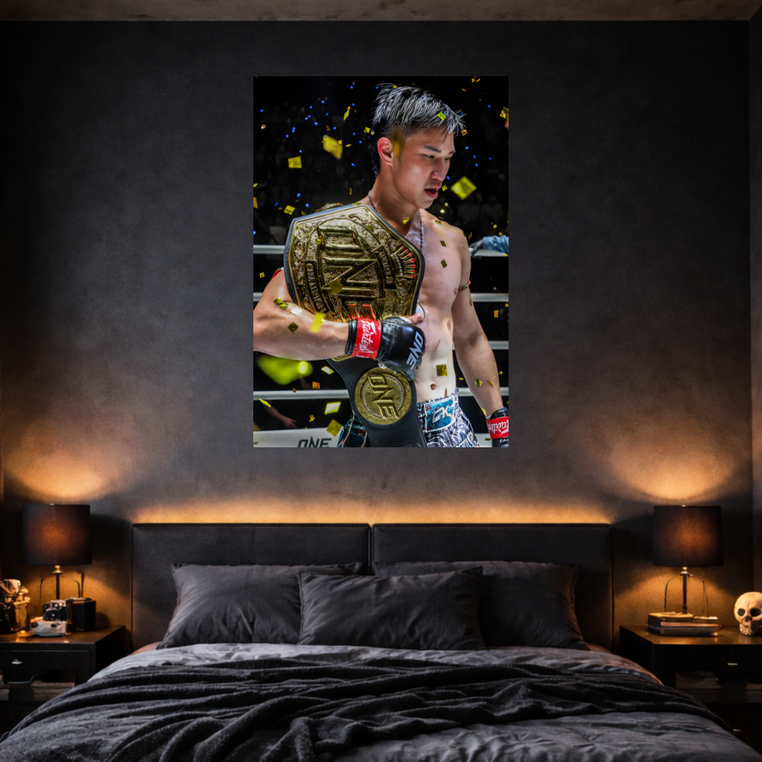 Bedroom with a boxing champion holding a championship belt on the wall.