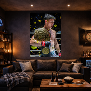Man in boxing gear with championship belt in a bar setting