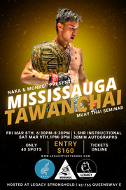 Promotional poster for a Muay Thai seminar featuring a man holding a championship belt.