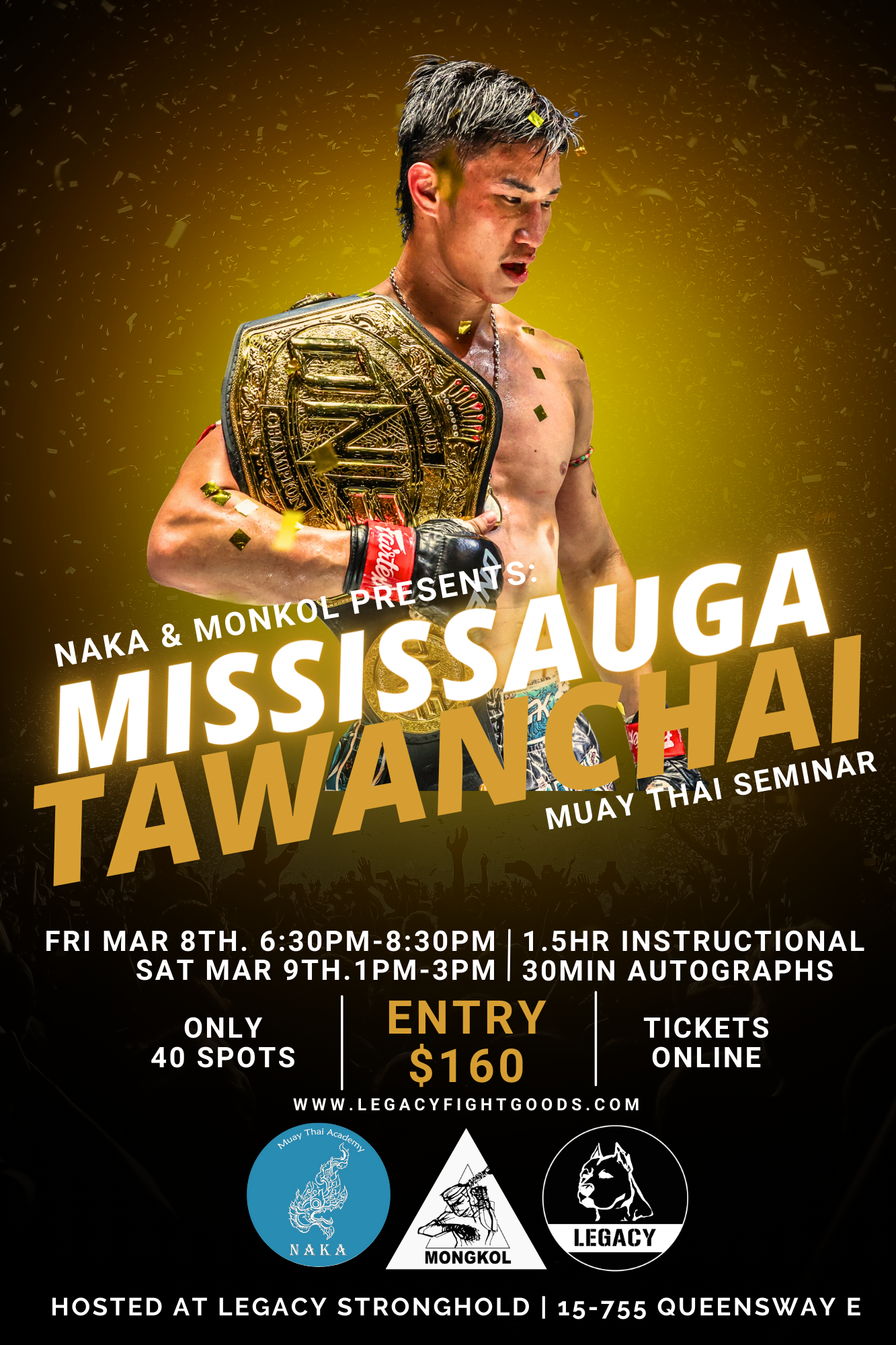 Promotional poster for a Muay Thai seminar featuring a man holding a championship belt.