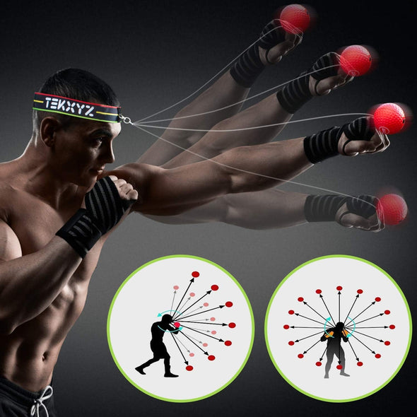 Person using a boxing Reflex Ball with inset diagrams on a dark background