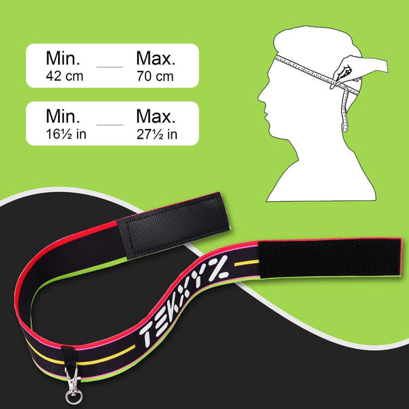 Neck strap with measurement chart on a green background