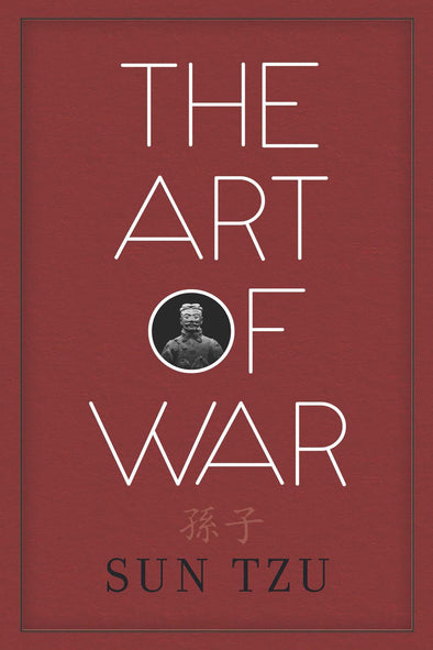 Book cover of 'The Art of War' by Sun Tzu with a red background and portrait.