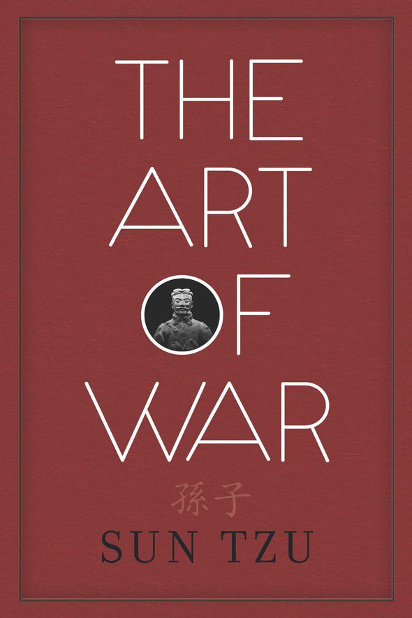 Book cover of 'The Art of War' by Sun Tzu with a red background and portrait.