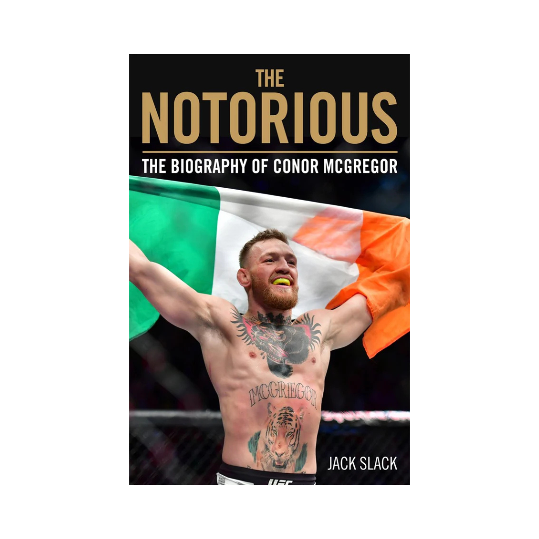 Book cover of 'The Notorious: The Biography of Conor McGregor' with a person holding an Irish flag.