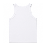 A plain white sleeveless tank top shown from the back, laid flat against a clean white background.