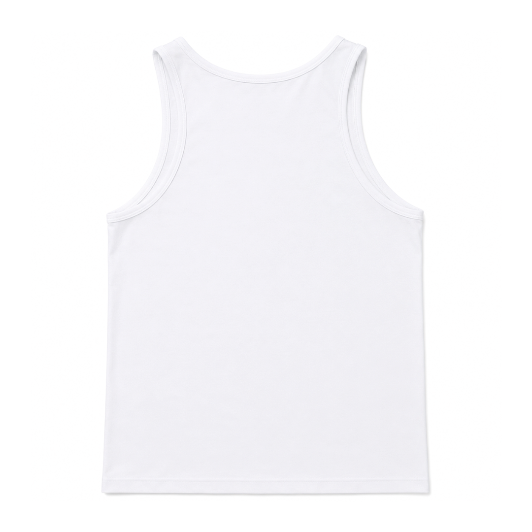 A plain white sleeveless tank top shown from the back, laid flat against a clean white background.