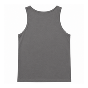 A plain dark gray sleeveless tank top shown from the back, laid flat against a solid white background.