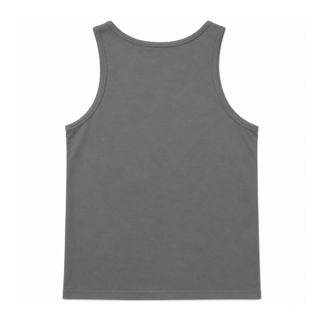 A plain dark gray sleeveless tank top shown from the back, laid flat against a solid white background.
