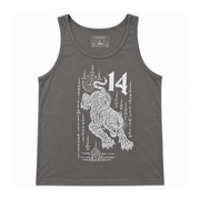 A dark gray sleeveless tank top featuring a white graphic print of a tiger, the number 14, and Thai script on the front, displayed against a plain white background.