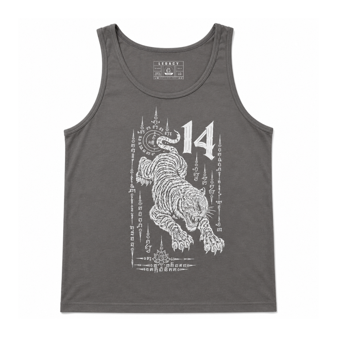 A dark gray sleeveless tank top featuring a white graphic print of a tiger, the number 14, and Thai script on the front, displayed against a plain white background.