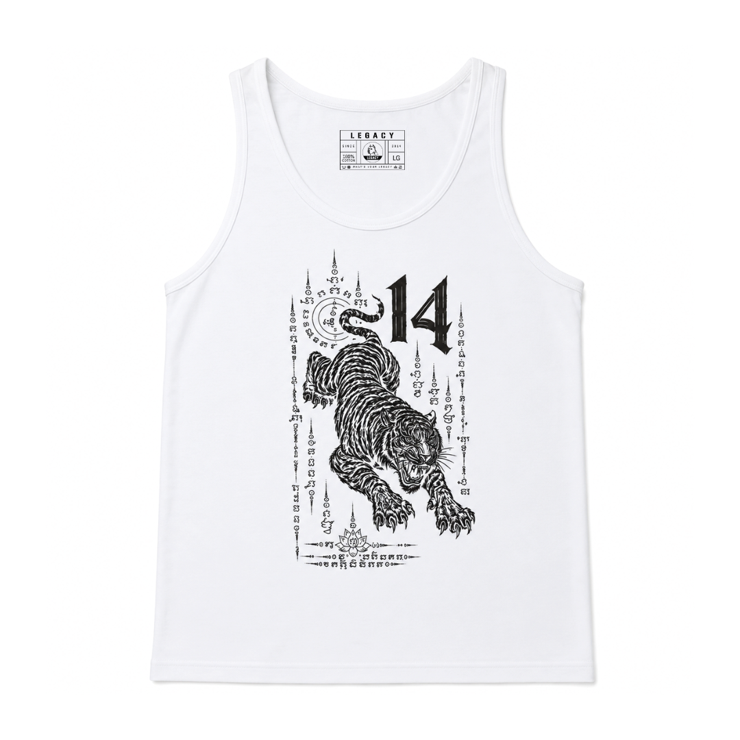 A white sleeveless tank top with a black graphic print of a tiger, the number 14, and mystical symbols. The brand name 'LEGACY' is visible on the inner neck label.