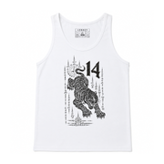 A white sleeveless tank top with a black graphic print of a tiger, the number 14, and mystical symbols. The brand name 'LEGACY' is visible on the inner neck label.