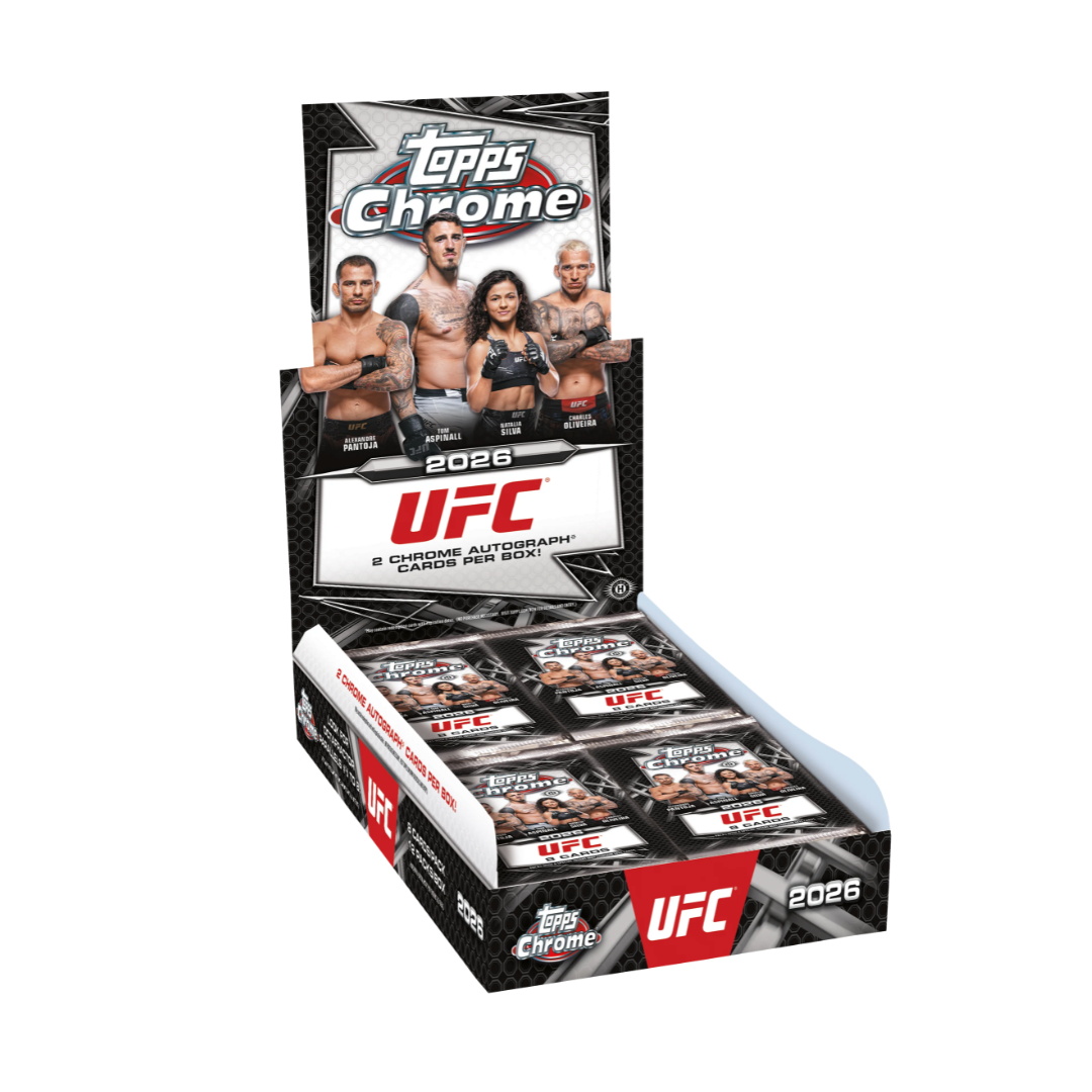 Box of UFC Topps Chrome trading cards on a white background