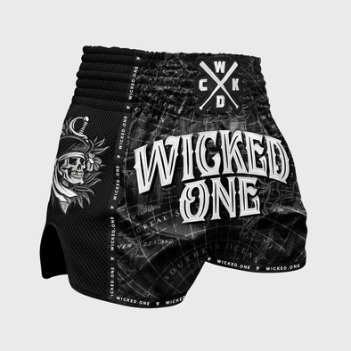 Black and white shorts with 'Wicked One' branding on a light gray background