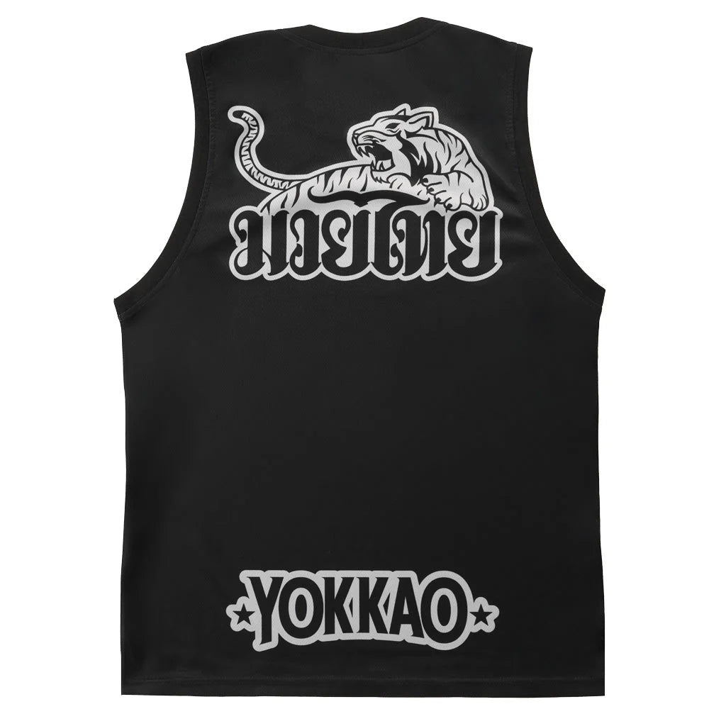 Black sleeveless shirt with white graphics and text on a white background