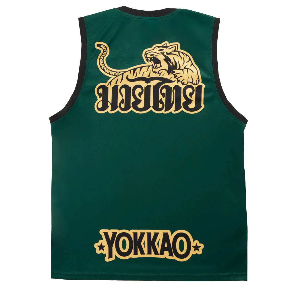 Green sleeveless shirt with gold tiger logo and 'Yokkao' branding on a white background