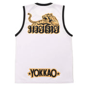 White sleeveless shirt with black and gold graphics and text on a white background