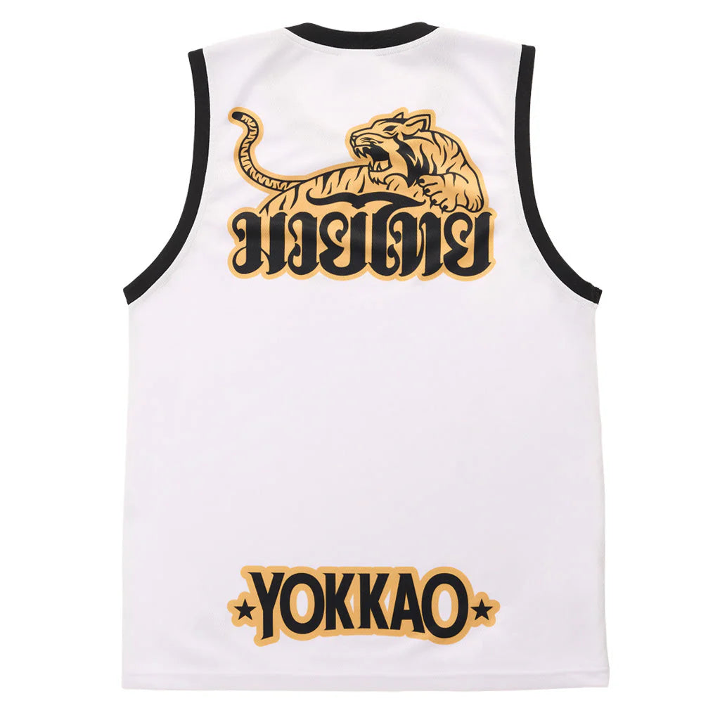 White sleeveless shirt with black and gold graphics and text on a white background