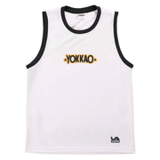 White sleeveless shirt with black trim and 'YOKKAO' logo on a white background