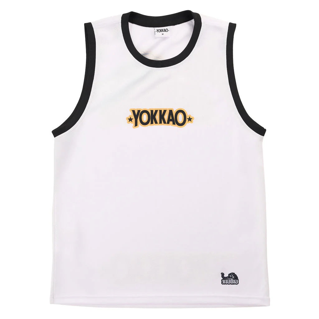 White sleeveless shirt with black trim and 'YOKKAO' logo on a white background