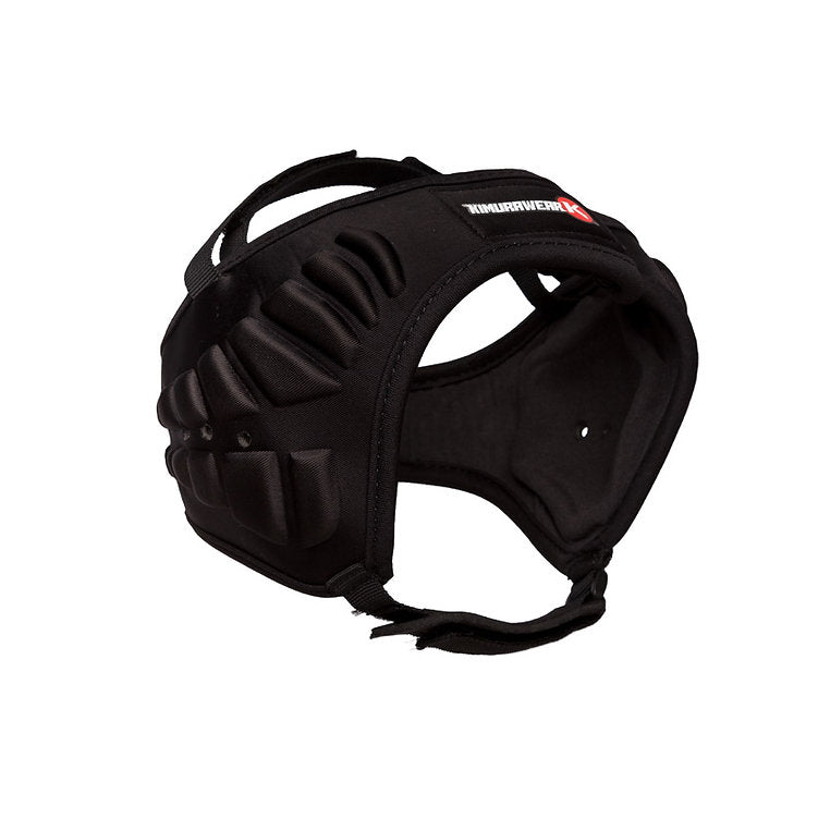 Black protective headgear with padding on a white background
