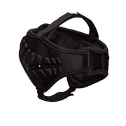 Black protective headgear with padding on a white background