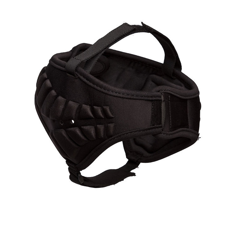 Black protective headgear with padding on a white background