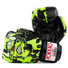Black and green boxing gloves with a dragon design on a white background