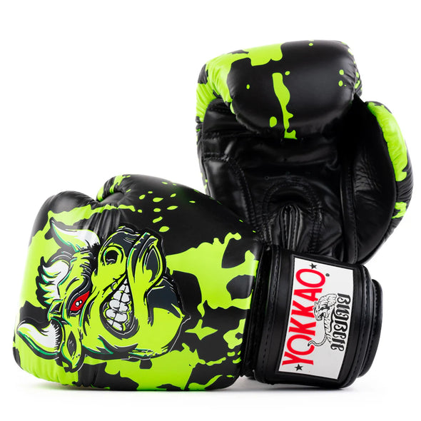 Black and green boxing gloves with a dragon design on a white background