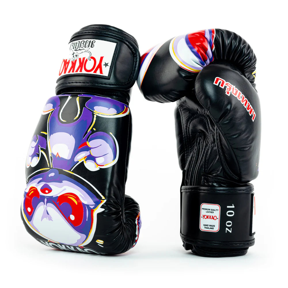 YOKKAO Angry Rabbit black boxing gloves premium leather Muay Thai training gloves