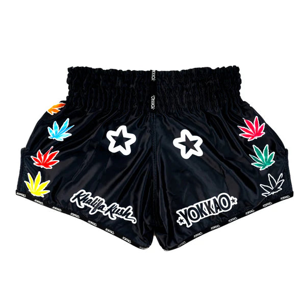 Black yokkao khalifa kush muay thai shorts satin thailand training shorts
