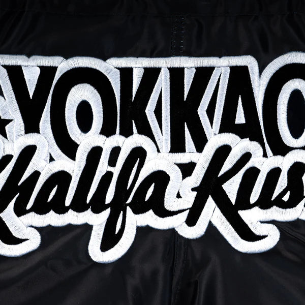 Black yokkao khalifa kush muay thai shorts satin thailand training shorts