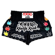 black yokkao khalifa kush muay thai shorts satin thailand training shorts