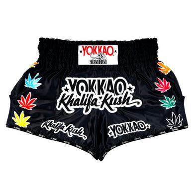 black yokkao khalifa kush muay thai shorts satin thailand training shorts