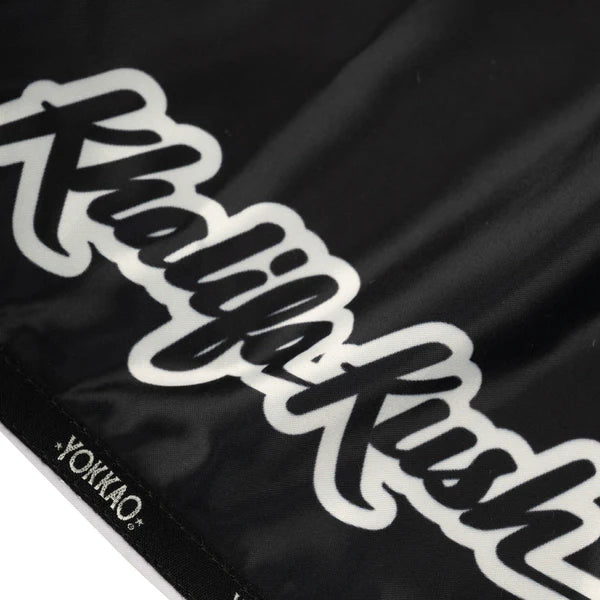 Black yokkao khalifa kush muay thai shorts satin thailand training shorts