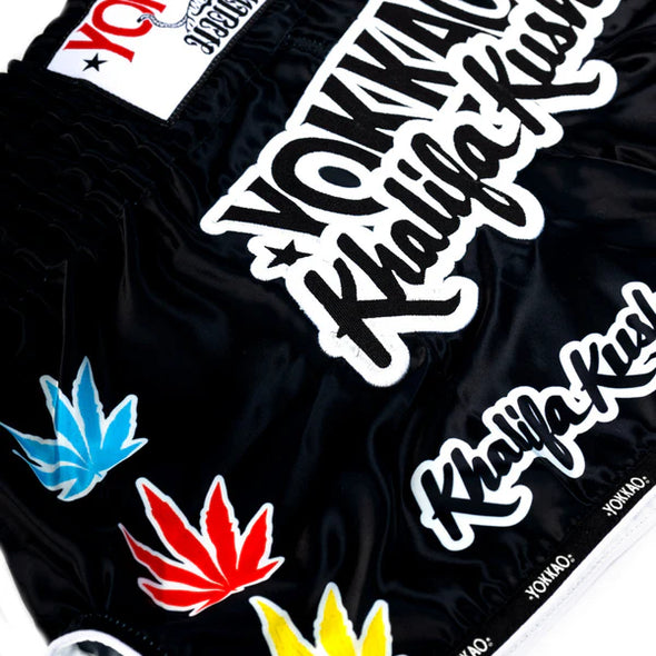 Black yokkao khalifa kush muay thai shorts satin thailand training shorts