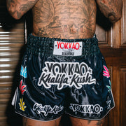 Black yokkao khalifa kush muay thai shorts satin thailand training shorts
