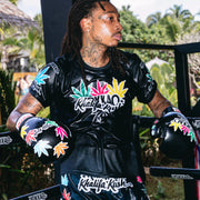Black yokkao khalifa kush muay thai shorts satin thailand training shorts