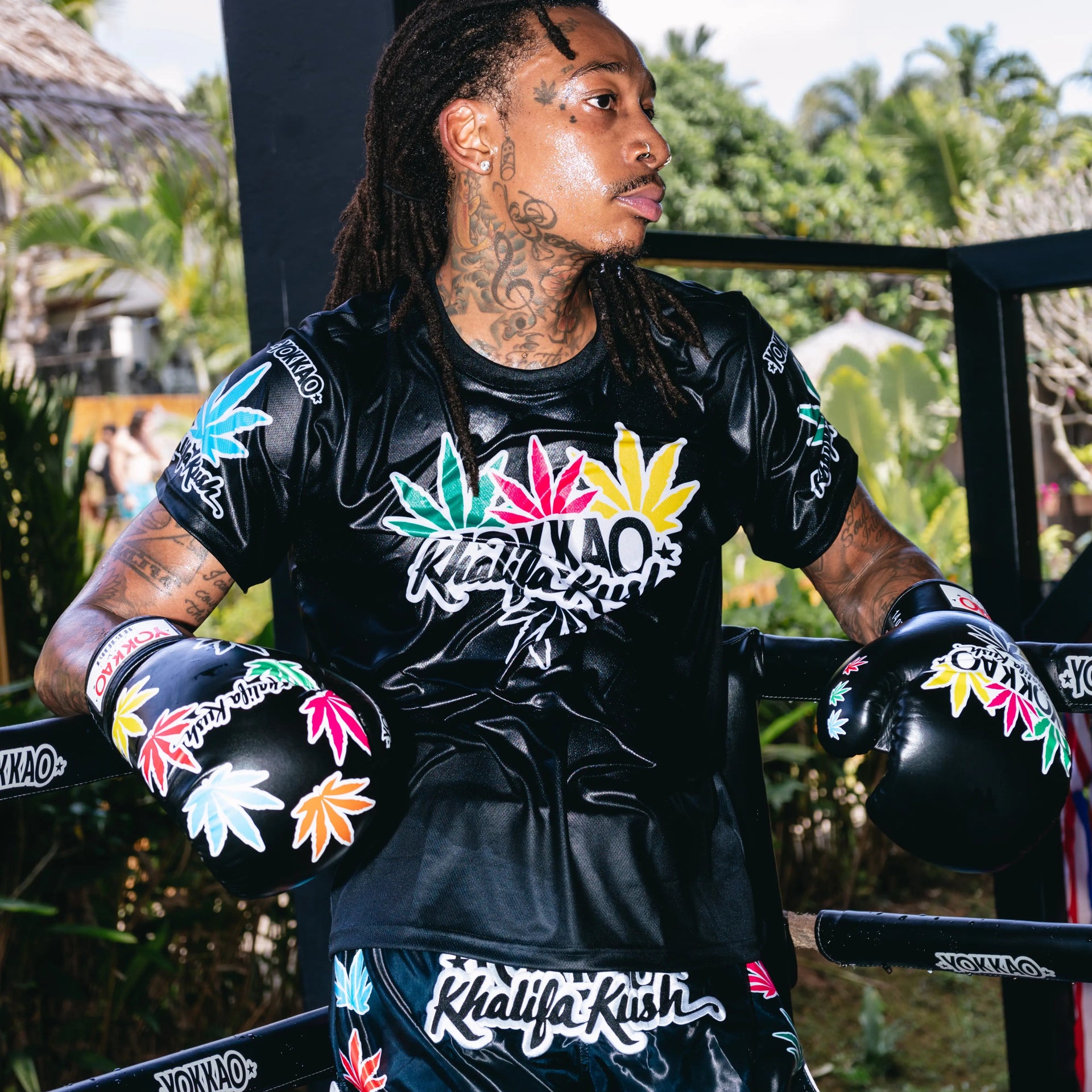 Black yokkao khalifa kush muay thai shorts satin thailand training shorts