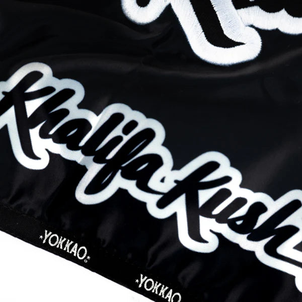 Black yokkao khalifa kush muay thai shorts satin thailand training shorts