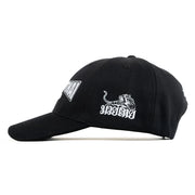 Black cap with white logo on a white background