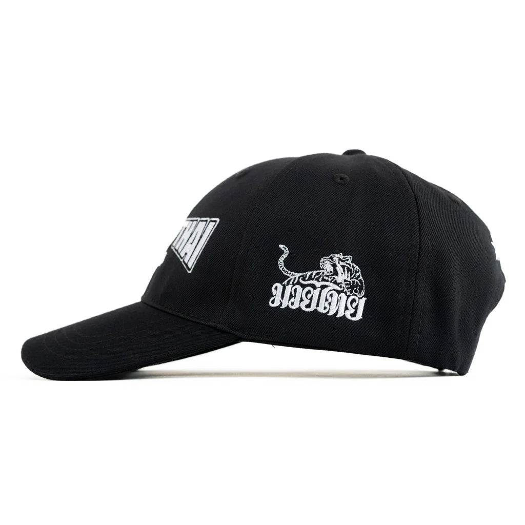 Black cap with white logo on a white background