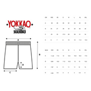 Yokkao size chart for shorts with measurements in centimeters and inches.