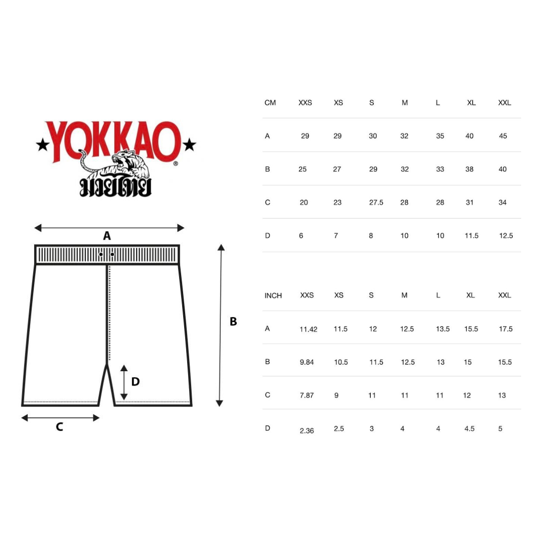 Yokkao size chart for shorts with measurements in centimeters and inches.